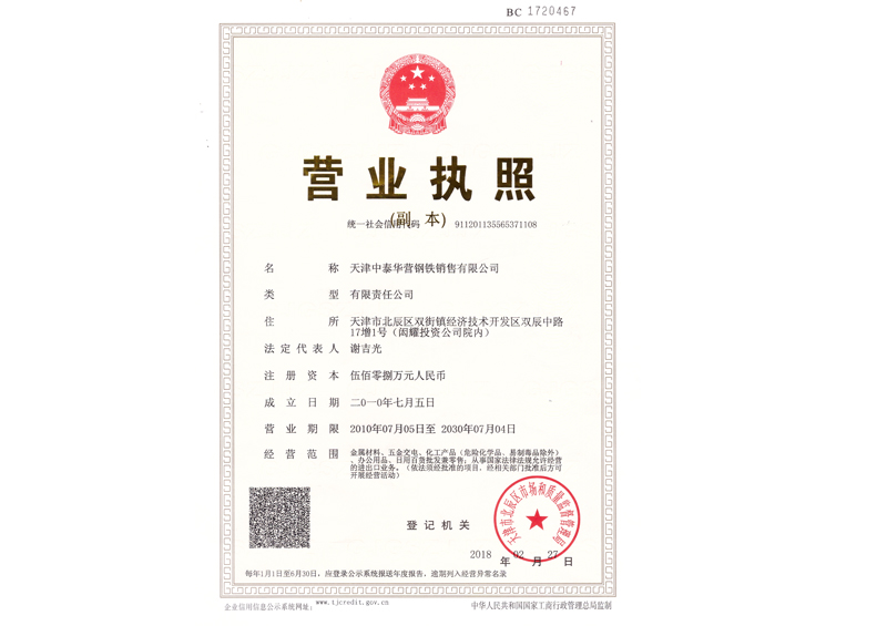 天津中泰华营钢铁销售有限公司营业执照